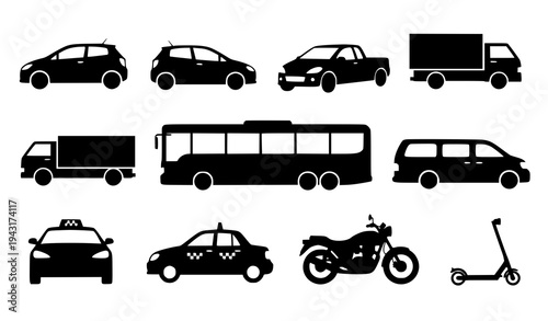 Black Road Transport Vehicle Silhouette Collection Vector