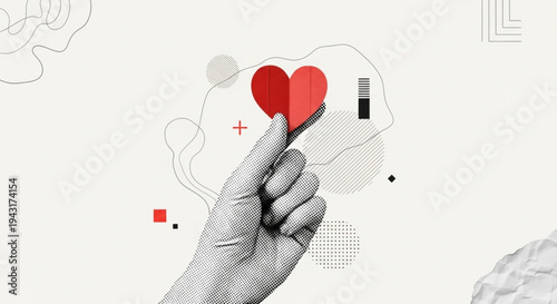 Hand gently holding a vibrant red heart amidst minimalist abstract shapes, symbolizing love, care, and connection in a modern graphic style