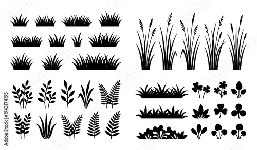 Grass flat vector illustration collection lawn and meadow plants isolated