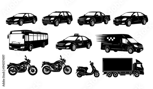 Different Black Road Vehicles Silhouette Vector Icon Set