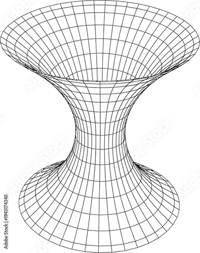 Wireframe illustration depicts a three-dimensional rotational shape resembling an hourglass or wormhole structure with converging curved grids.