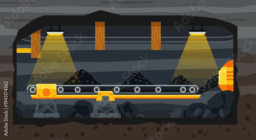 Coal Mining Conveyor Belt in Underground Mine.