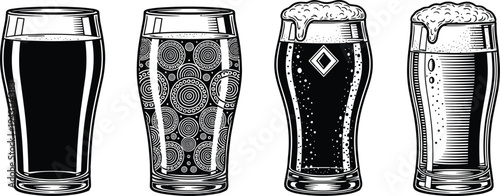 Beer glass collection with lager, ale and craft beer pint glasses detailed engraving style vector illustration, brewery drink set isolated for bar menu design