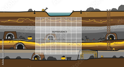 Cross section of underground mine with tunnels and gold veins.