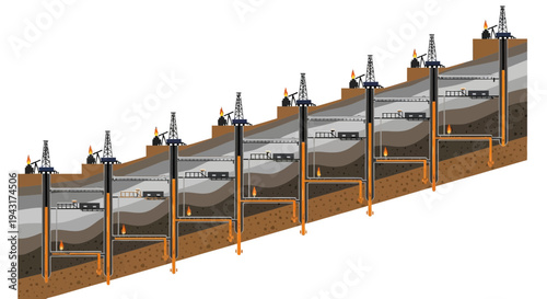 Cross section of oil and gas extraction wells.