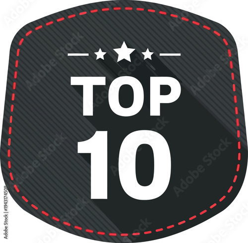Dark gray embroidered badge shape displays white bold text reading 'TOP 10' beneath three small stars with long shadow effect.
