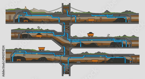 Crosssection diagram of underground infrastructure and transportation systems.