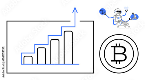 Finance, cryptocurrency, data analysis, financial growth, AI technology, blockchain systems. A bar chart growth, a Bitcoin symbol s cryptocurrency AI analyzes data. Financial growth