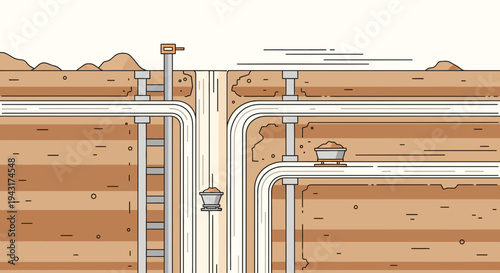 Crosssection of underground oil and gas pipeline system.