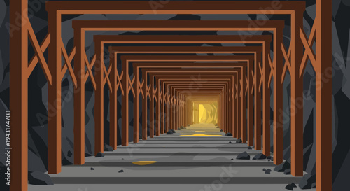 Illuminated Mine Tunnel Entrance with Wooden Supports.