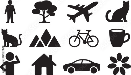 Black silhouettes of people animals and nature on white background person