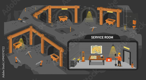 Illustration of a Coal Mine Service Room and Tunnels.