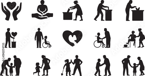 Black Silhouettes of People Helping and Caring for Others in Various Scenarios