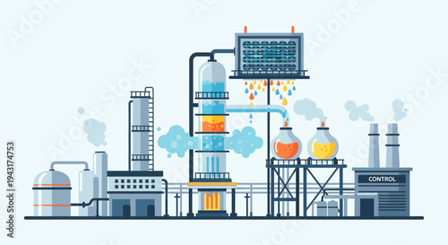 Industrial Chemical Plant with Distillation Tower and Reactors.