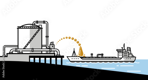 Industrial facility transferring liquid to a large cargo ship.