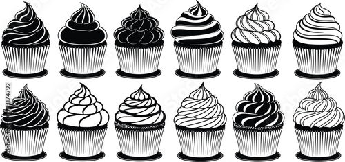 Cupcake dessert icon set with different frosting styles, sweet bakery treat vector illustration collection isolated on white background for menu and pastry design