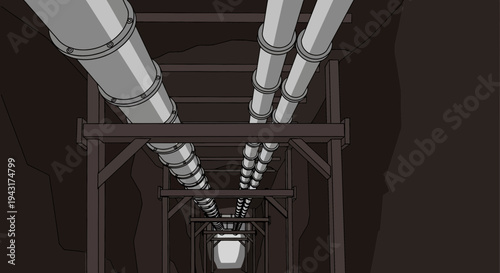 Industrial Mine Shaft with Pipes and Elevator.