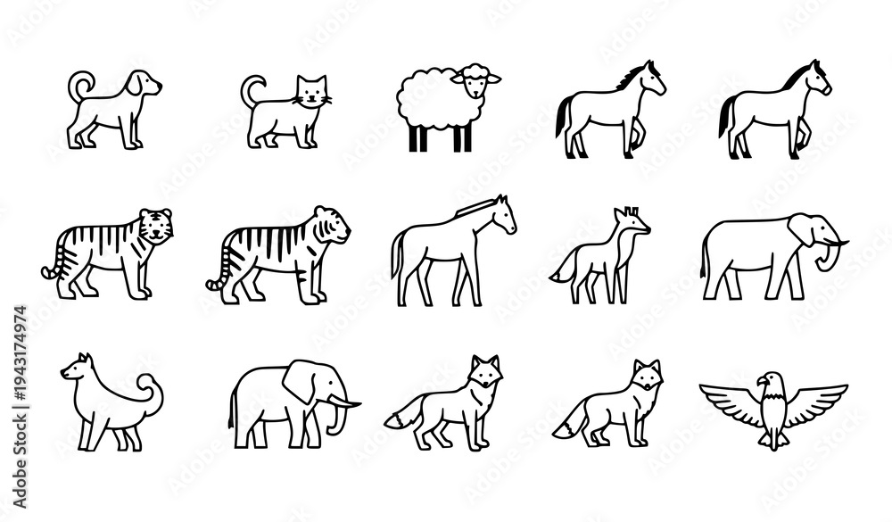 Fototapeta premium Wildlife and Domestic Animal Outline Vector Icon Pack