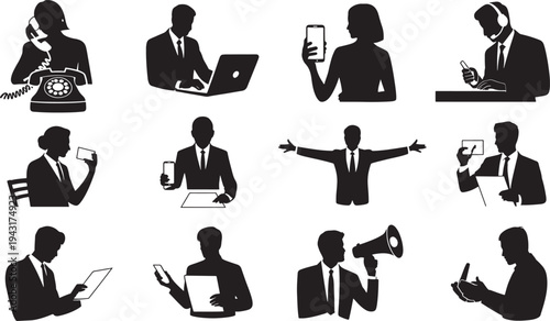 Black silhouettes of people using various communication devices and gestures