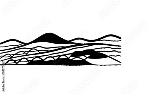 Black and white abstract wavy landscape with overlapping dark shapes