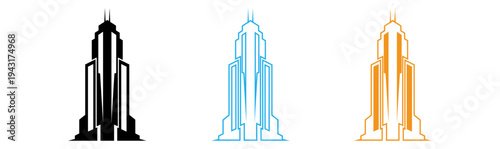 Three stylized bildig designs in black blue and orange .