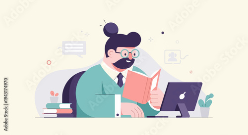 Animated illustration of a character reading a book at a desk with a computer and books