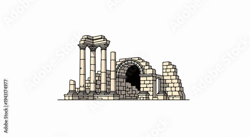 Ancient ruins of stone columns and archways on a plain background