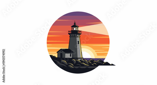 Pixelated lighthouse on rocky coast at sunset