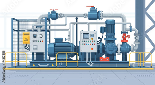 Industrial Pumping Station Equipment with Control Panels.