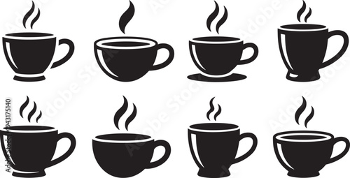 Nine black coffee cups with steam rising from them on white background