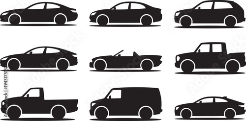 Nine black silhouette cars of different types on white background