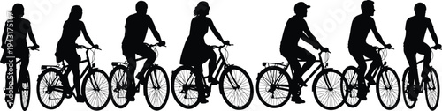 Cyclists riding bicycles silhouettes collection, men and women biking vector illustration set isolated for urban transportation, healthy lifestyle, outdoor sport and commuting concept