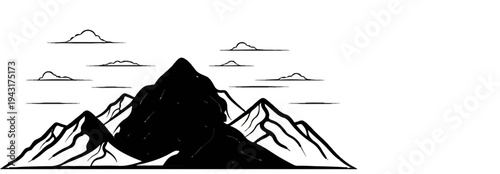 Stylized black and white illustration of jagged mountains under a cloudy sky