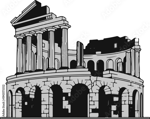 Ancient stone amphitheater with ruined columns and arches