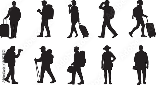 Silhouettes of People Carrying Luggage and Backpacks in Various Poses walking