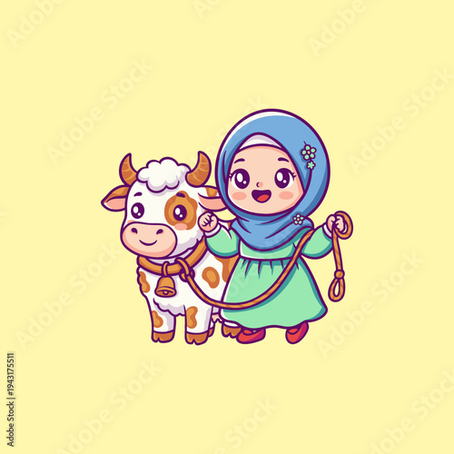 Cute Girl in Hijab With Cow Eid Adha