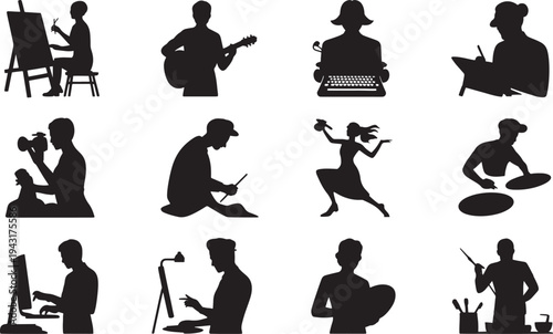 Silhouettes of people engaged in various creative and activities black white
