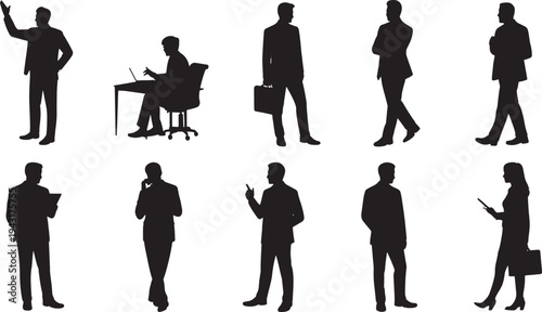 Silhouettes of people in business attire performing various activities office working