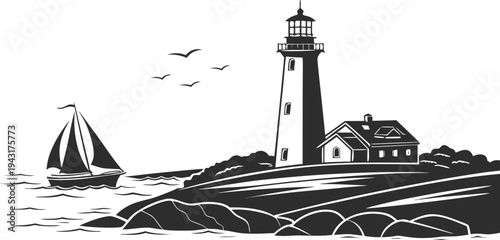 A monochromatic view of the lighthouse guides ships, evoking a sense of safety and direction, symbolizing guidance amidst the vast ocean