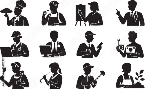 Silhouettes of People in Various Occupations and Activities black white chef construction worker