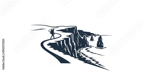 Lone hiker with backpack walks along a cliff path overlooking the sea