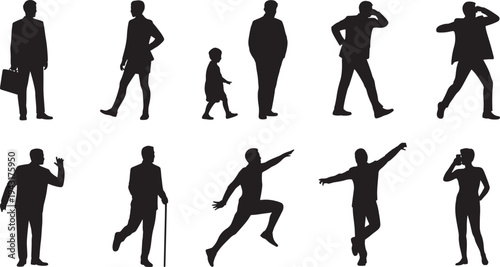 Silhouettes of people in various poses and activities on white background black