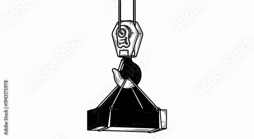 A black and white illustration of a crane hook lifting a rectangular object
