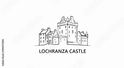Black and white line drawing of a complex castle with text