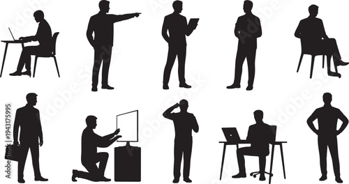 Silhouettes of people in various work and thinking poses with office equipment laptop