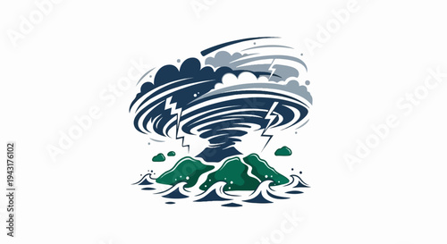 A powerful storm engulfs islands with wind, lightning, and rough seas