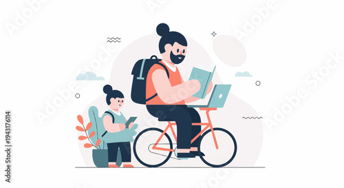 Cartoon man on bike reads, kid uses phone, potted plant nearby