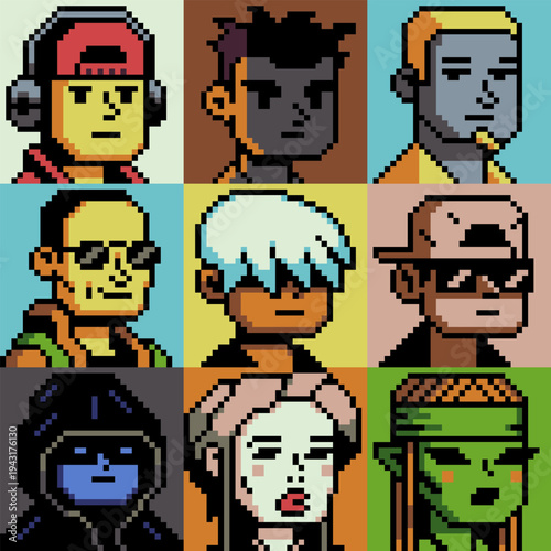 Set of pixel art character avatars in retro 8-bit style, game characters, profile icons, NFTs, UI assets, and indie game projects.