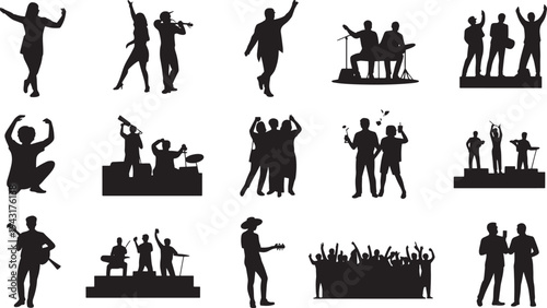 Silhouettes of People Playing Musical Instruments and Dancing on Stage