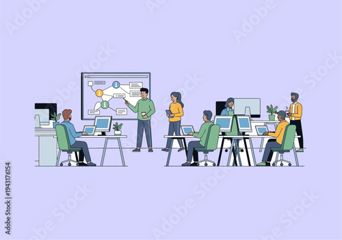 Flat Design Concept Ilustration People learning in a modern technology classroom setting.